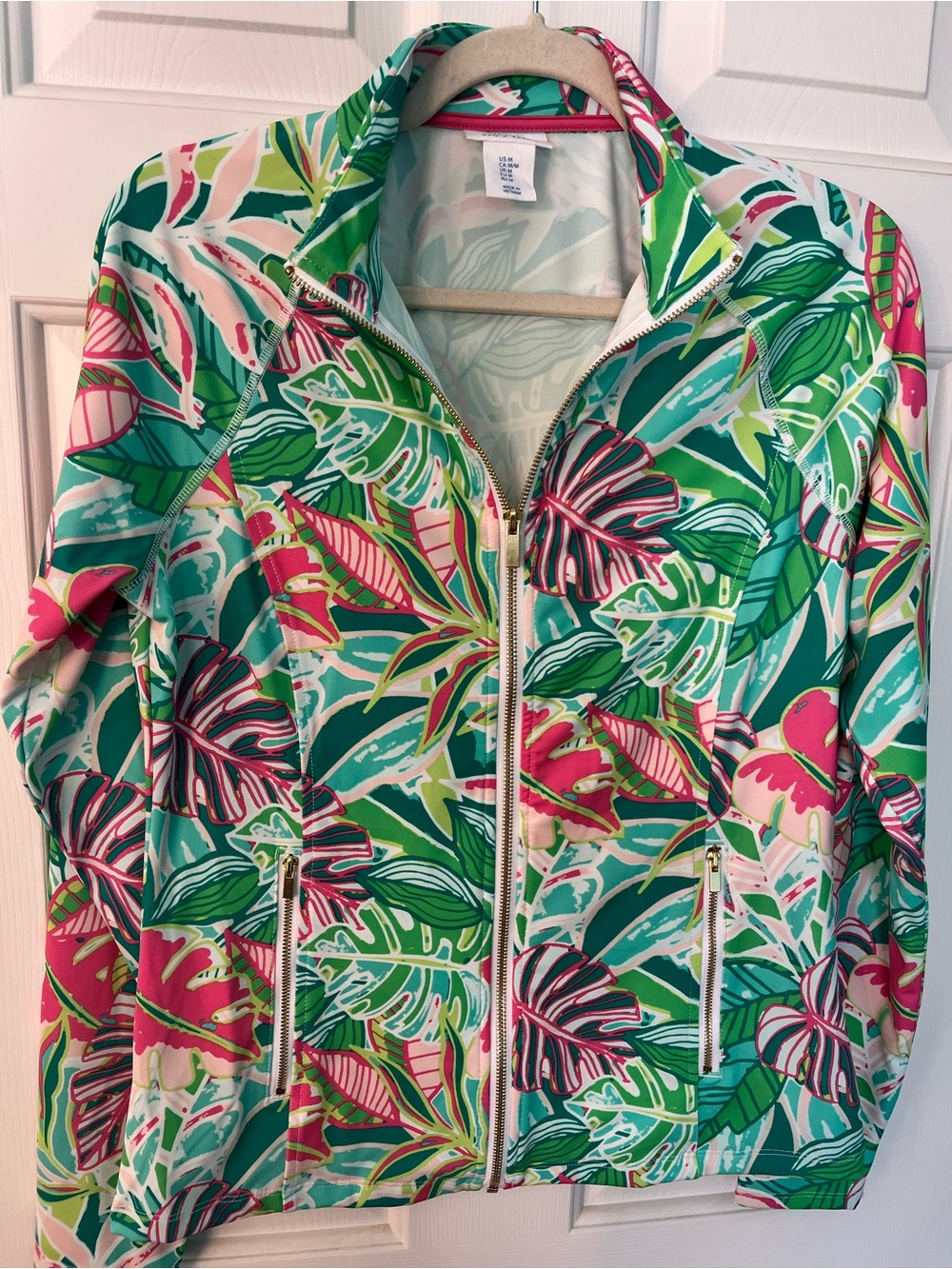 Sigrid Olsen Green and Pink Tropical Zip Gold Tennis Athletic Jacket